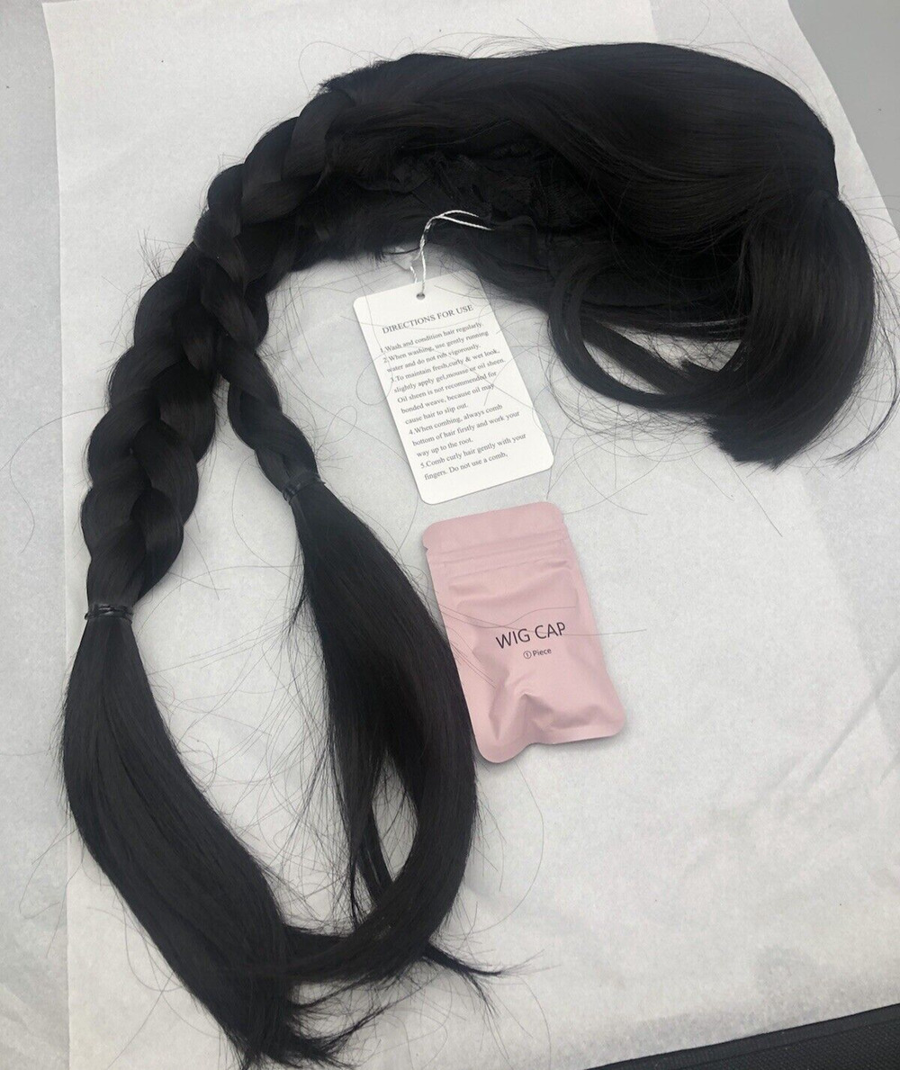 Long Wig with Bangs Hairpiece Synthetic Braided Cosplay Wig Halloween Black READ